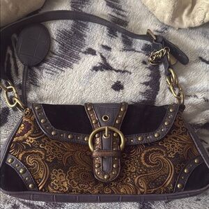 Brown and Gold Ornate Shoulder Bag with Metal Buckle